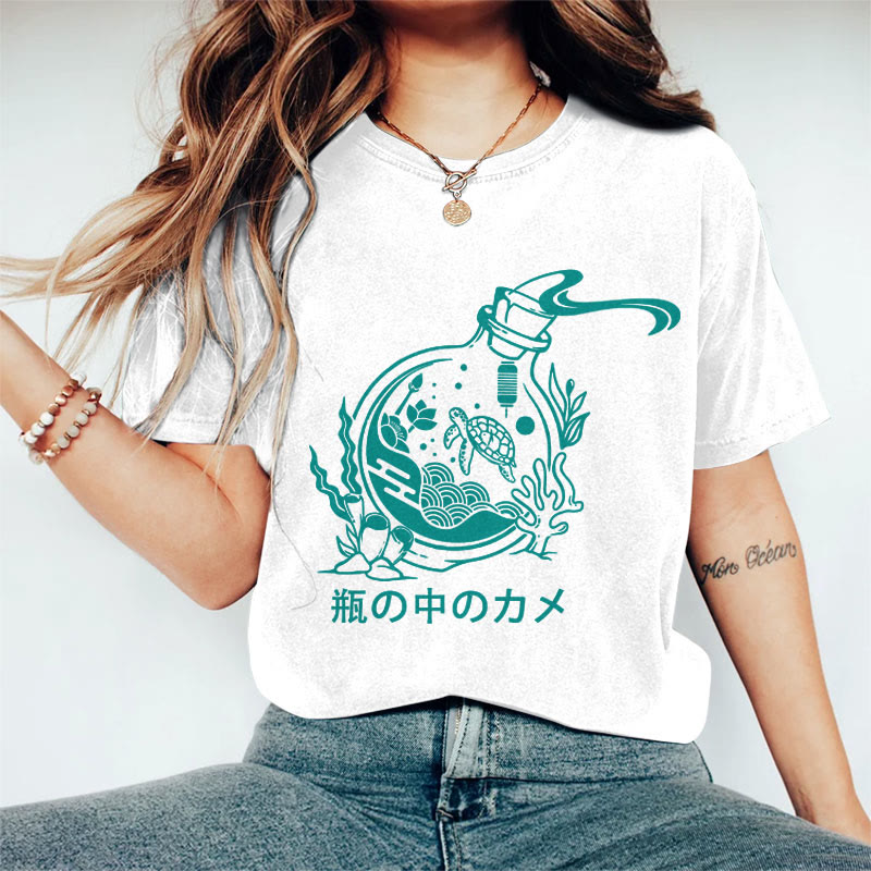 100% Cotton Women's Japanese Creative Turtle In Drift Bottle Art Print Casual T-shirt - White - 2XL - image 1