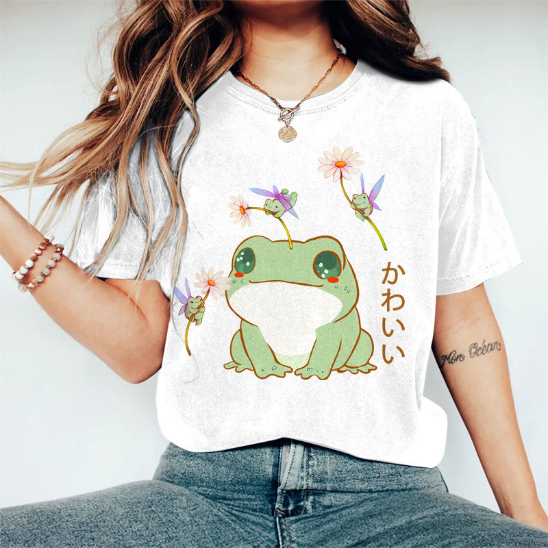 100% Cotton Women's  Japanese Lovely Floral Frogs Art Print Casual T-shirt - White - 2XL - image 1