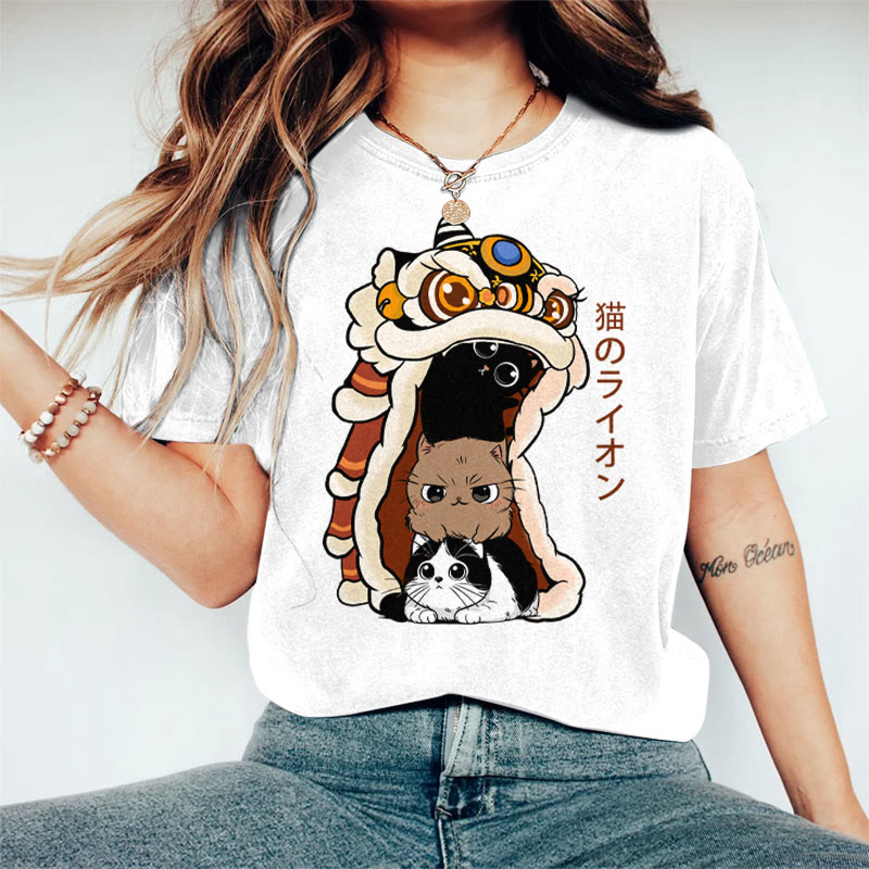 100% Cotton Women's Japanese Creative Lion Dance Cat Art Print Casual T-shirt - White - 2XL - image 1