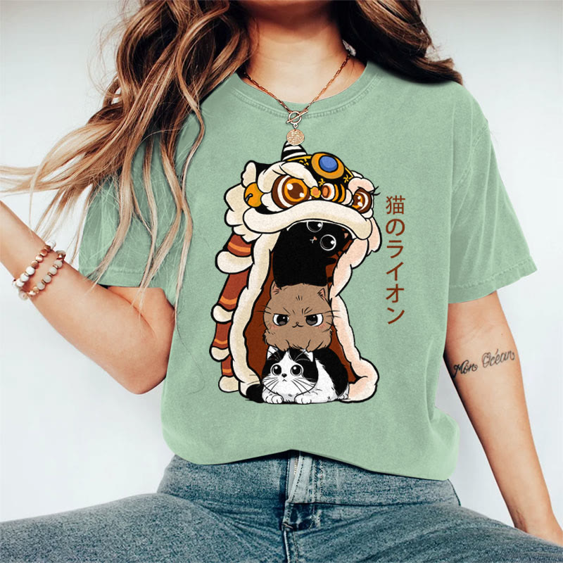 100% Cotton Women's Japanese Creative Lion Dance Cat Art Print Casual T-shirt - Green - 2XL - image 2