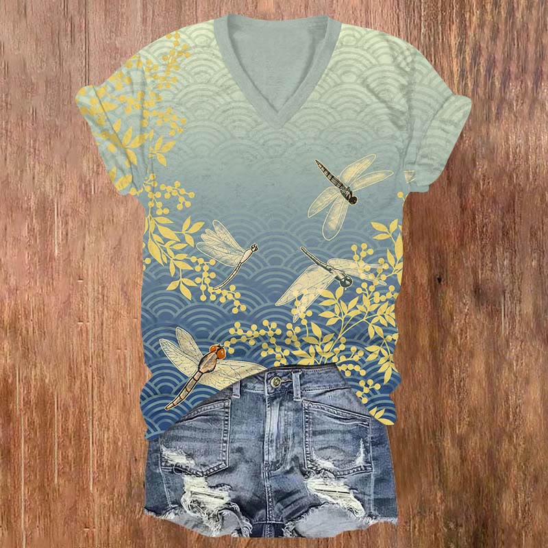 Ombre Ocean Wave & Dragonfly Art Print V-neck T-shirt - Blue - US32-34(5XL) - image 1