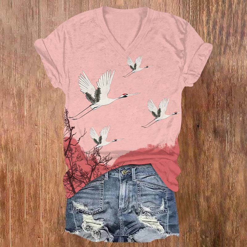 Japanese Spring Flying White Crane Print V-neck T-shirt - Pink - US32-34(5XL) - image 1