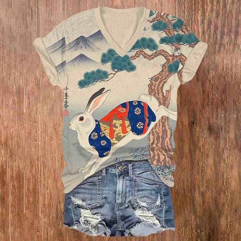 Japanese Vintage Kimono Rabbit Print V-neck T-shirt - Khaki - US32-34(5XL) - image 1