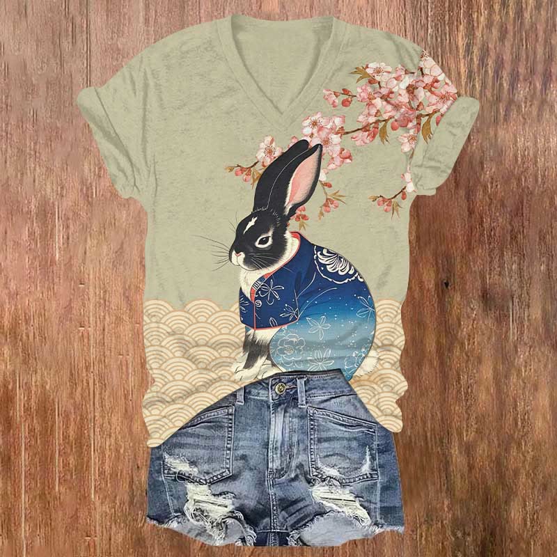 Japanese Sakura Wave Bunny Art Print V-neck T-shirt - Light Green - US32-34(5XL) - image 1