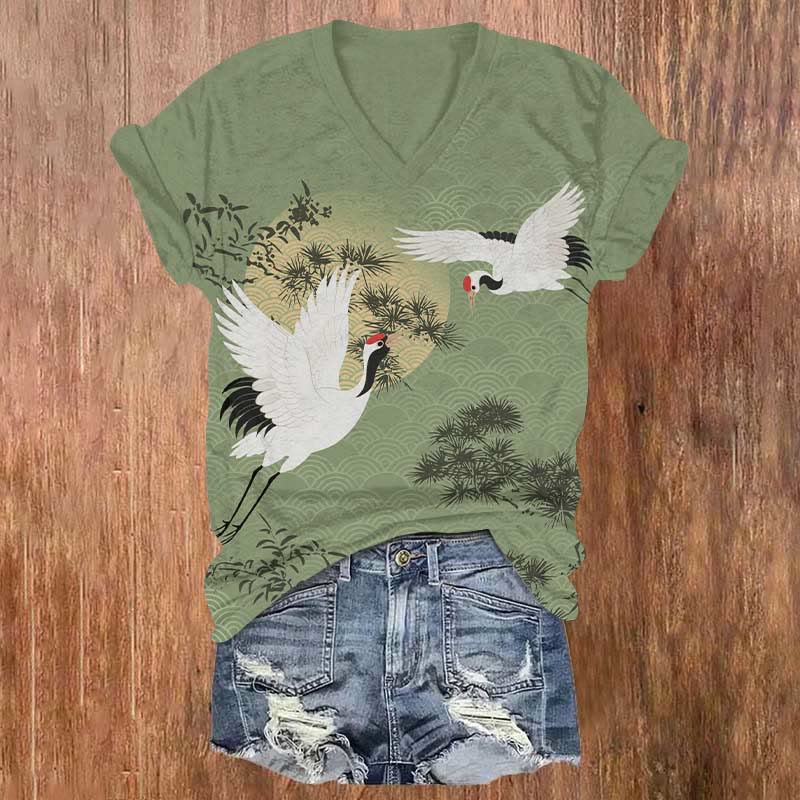 Japanese Wave Crane Flying  Under The Moon Art Print V-neck T-shirt - Green - US32-34(5XL) - image 1