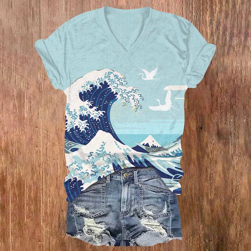 Japanese Style Ocean Wave & Crane Print V-neck T-shirt - Sky Blue - US32-34(5XL) - image 1