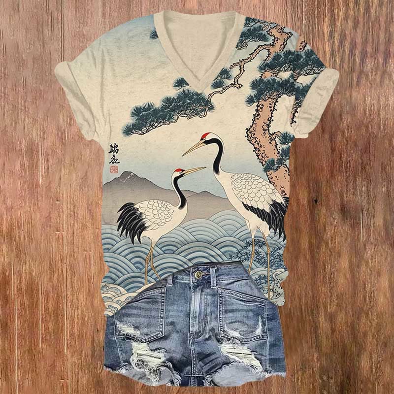 Japanese Vintage Landscape Crane Family Art Print V-neck T-shirt - Apricot - US32-34(5XL) - image 1