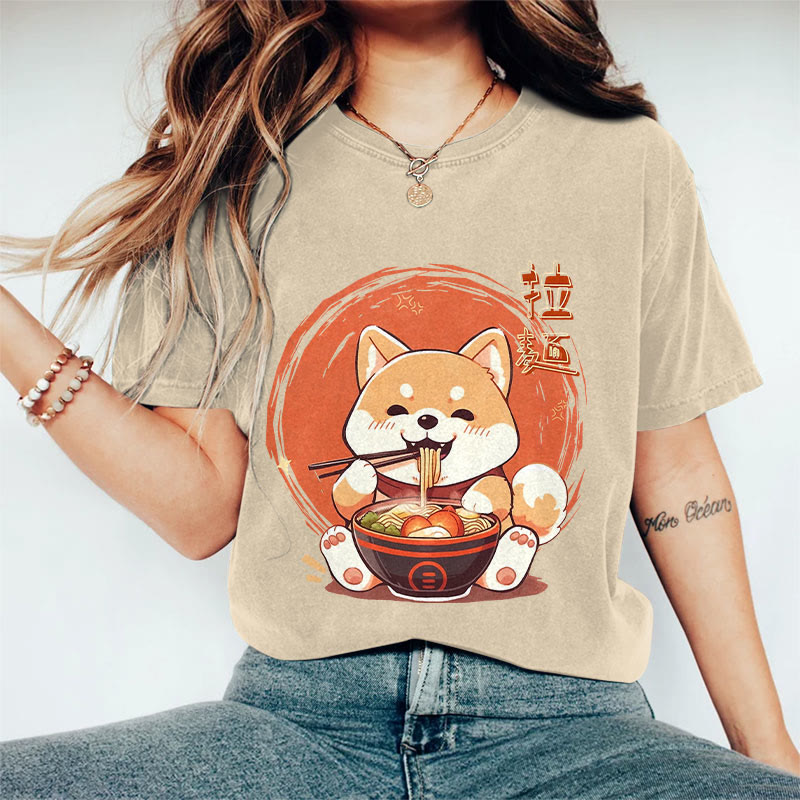 100% Cotton Women's Japanese Cat Eating Ramen Art Print Casual T-shirt - Khaki - 2XL - image 1