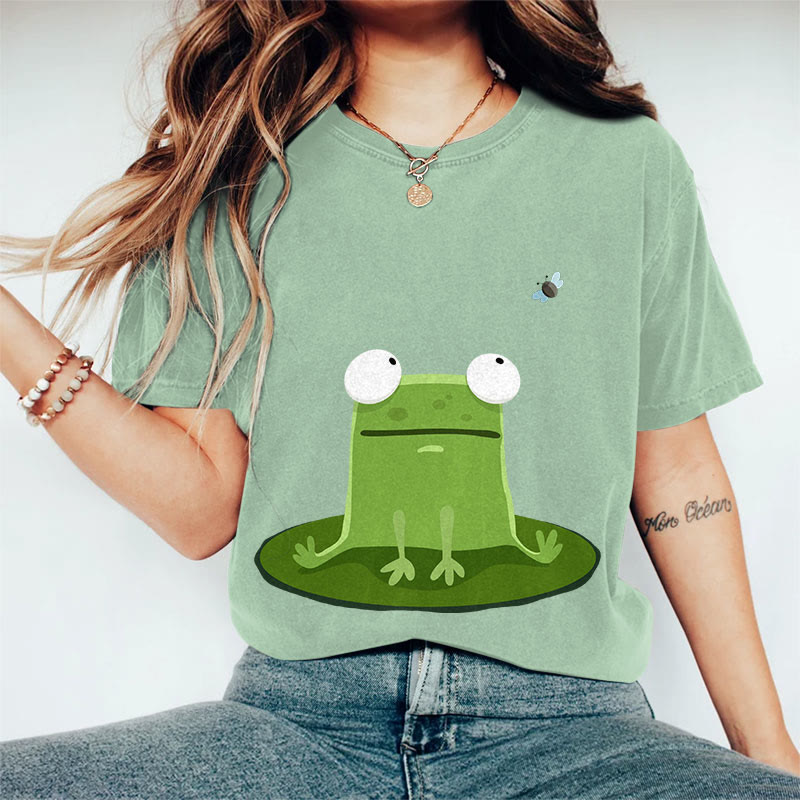 100% Cotton Women's Funny Frog On A Lily Pad Art Print Casual T-shirt - Green - 2XL - image 1