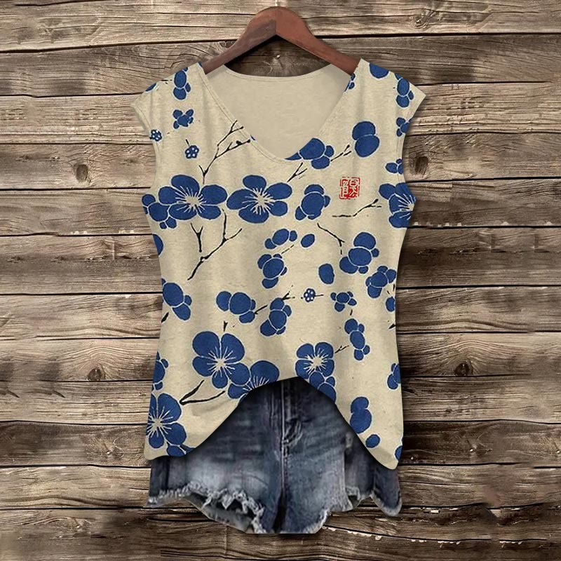 Cherry Blossom Japanese Lino Art Print V-neck Tank Top - Blue - 5XL - image 1