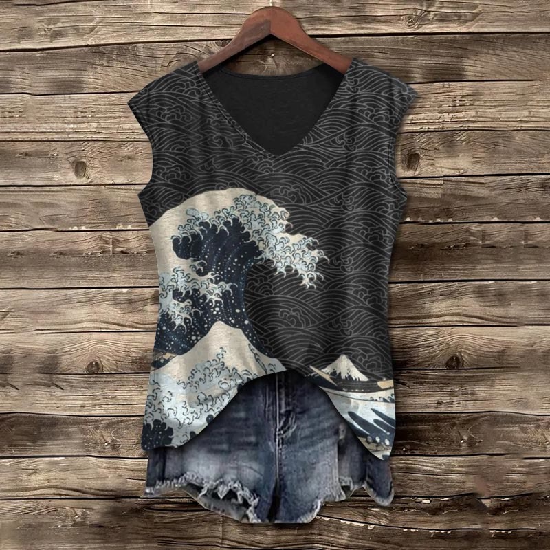 Japanese Wave Inspired Graphic Print V-neck Tank Top - Black - 5XL - image 1