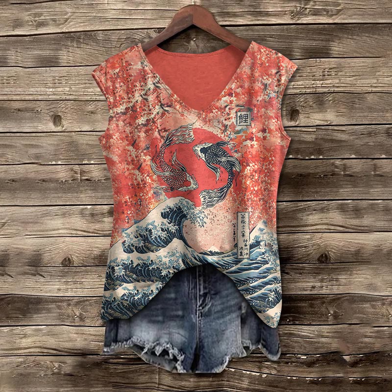 Japanese Koi Wave Print V-neck Tank Top - Orange - 5XL - image 1
