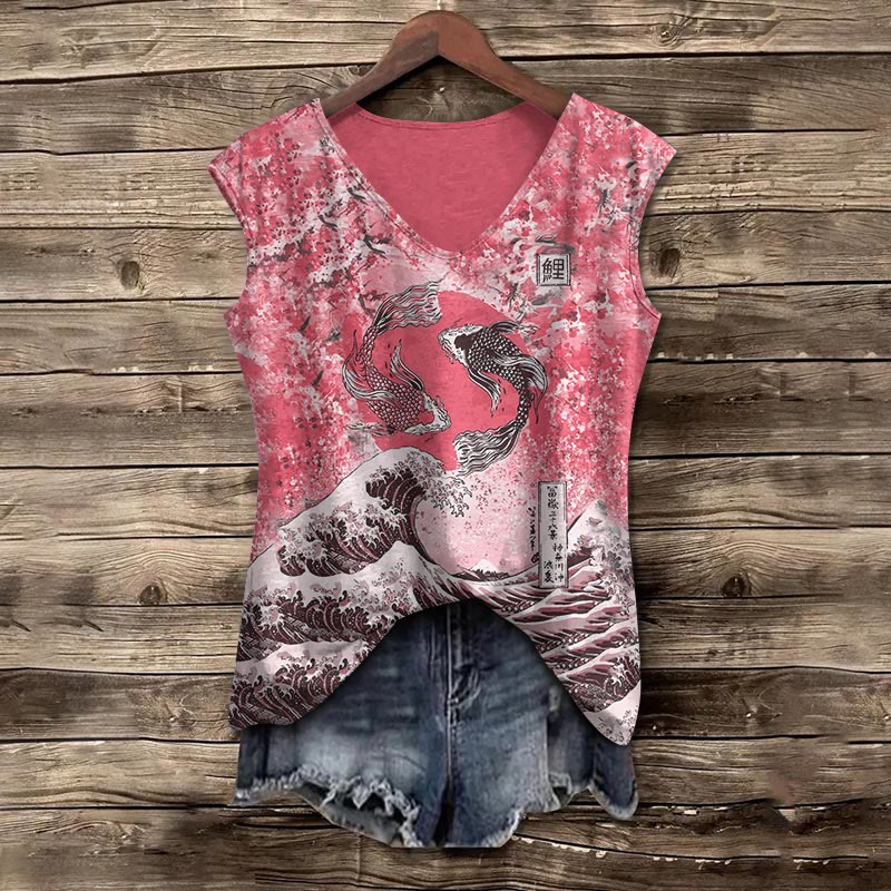 Japanese Koi Wave Print V-neck Tank Top - Pink - 5XL - image 2