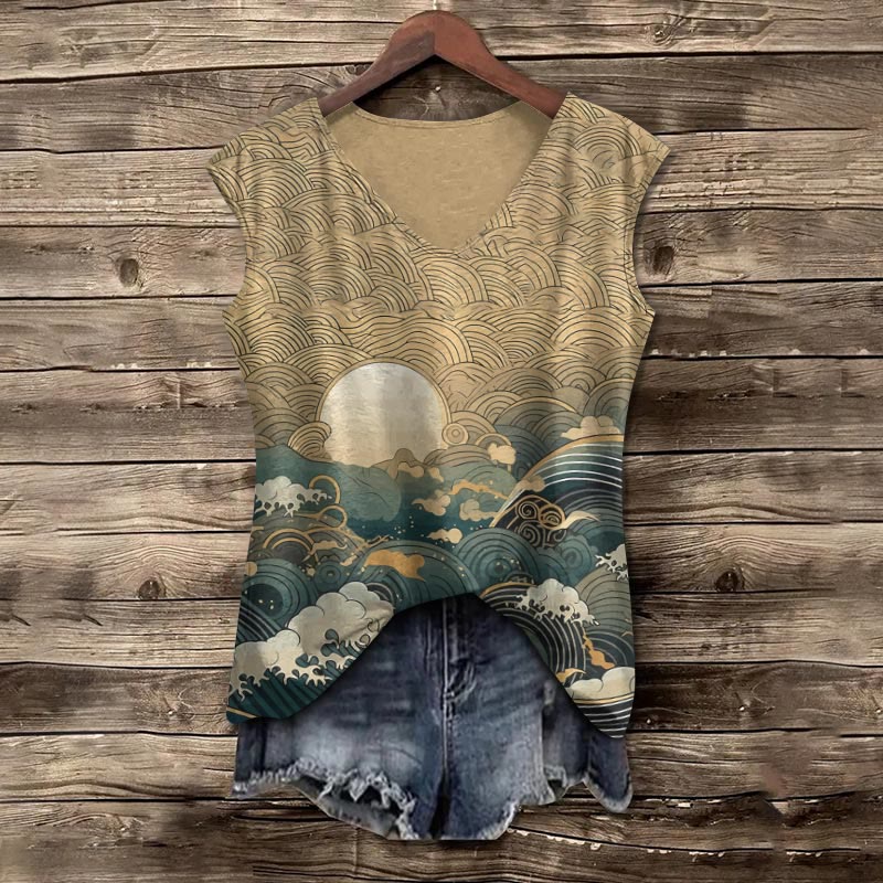 Ancient Japanese Style Wave Print V-neck Tank Top - Khaki - 5XL - image 1