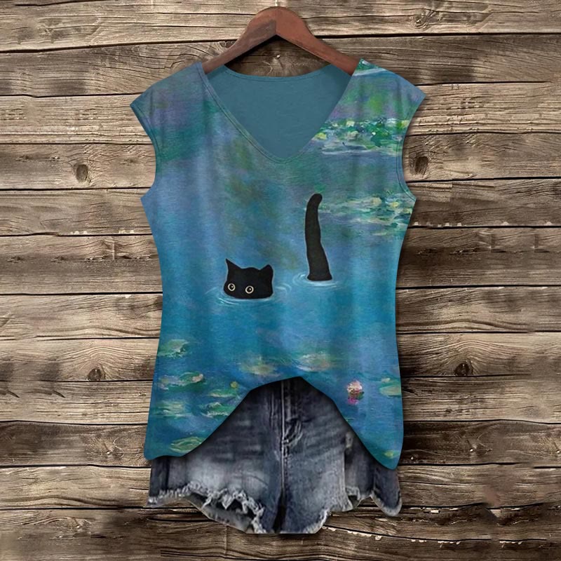 Women's Oil Painting Cat Print V-neck Tank Top - Blue - 5XL - image 1