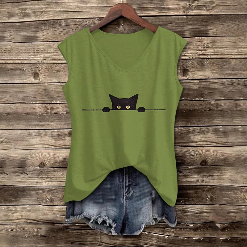 Women's Casual Black Cat Print V-neck Tank Top - Green - 5XL - image 1