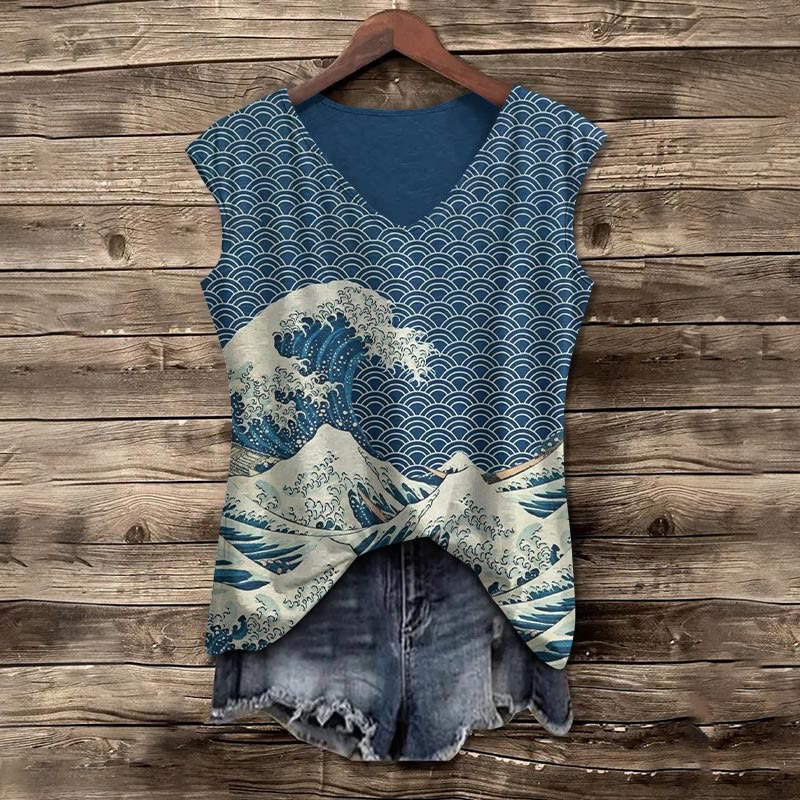 The Great Wave Off Kanagawa Inspired Japanese Art Print V-neck Tank Top - Blue - 5XL - image 1
