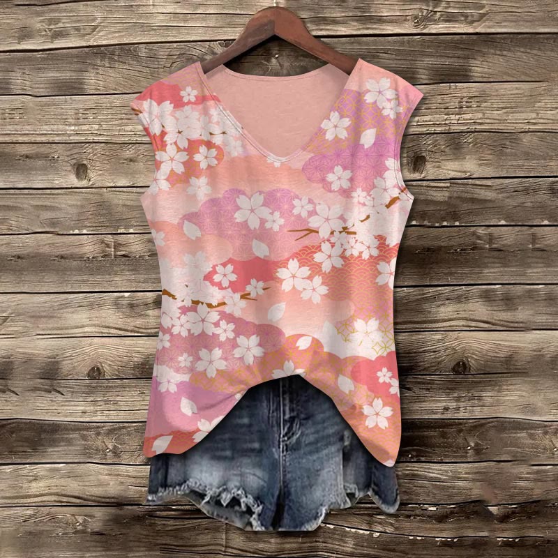 Vintage Sakura Celebration Print V-neck Tank Top - Pink - 5XL - image 1