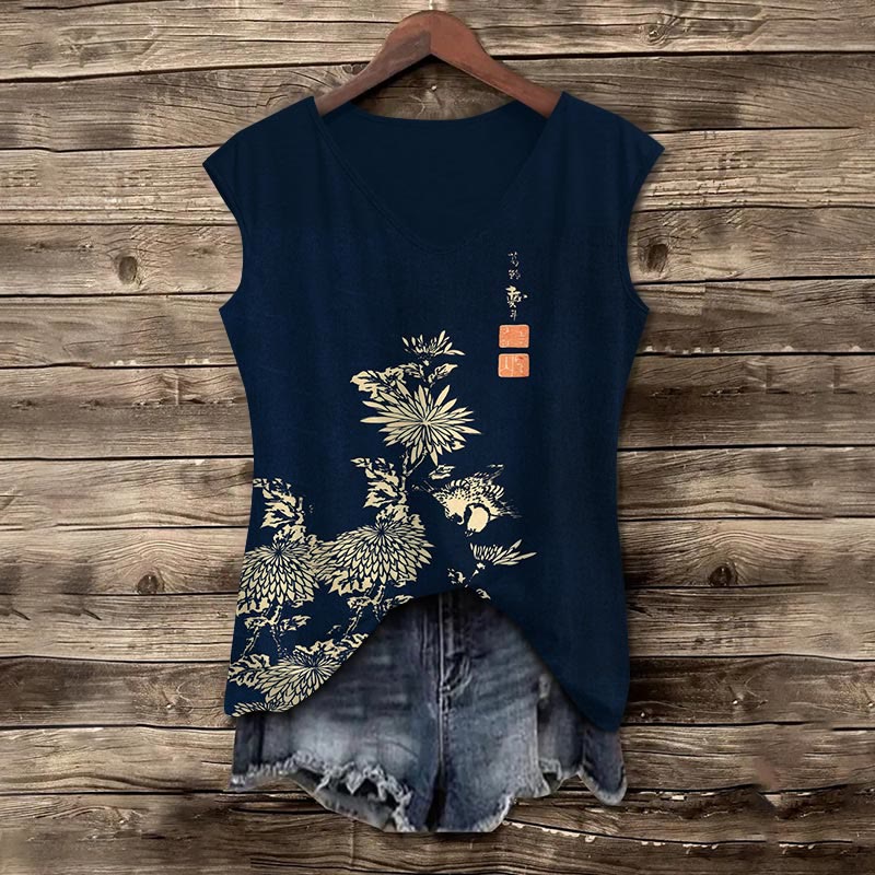 Vintage Chrysanthemum Print V-neck Tank Top - Dark Blue - 5XL - image 1
