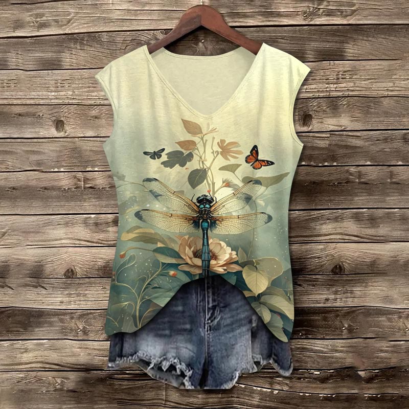Mystical Dragonfly Butterfly & Flowers Art Print V-neck Tank Top - Yellow - 5XL - image 1