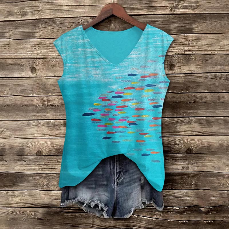 Colorful Abstract Fish School Art Print V-neck Tank Top - Blue - 5XL - image 1
