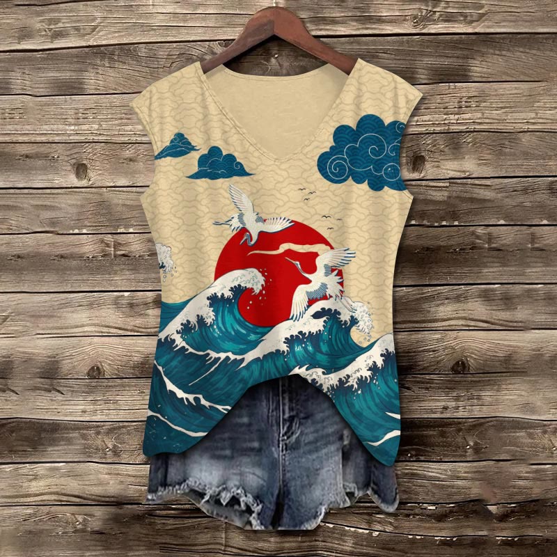 Japanese Sun & Ocean Wave Crane Art Print V-neck Tank Top - Apricot - 5XL - image 1