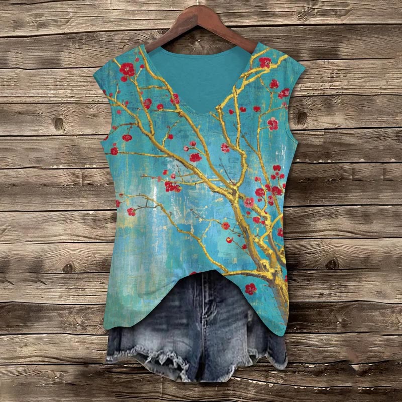 Ombre Vintage Plum Blossom Art Print V-neck Tank Top - Blue - 5XL - image 1