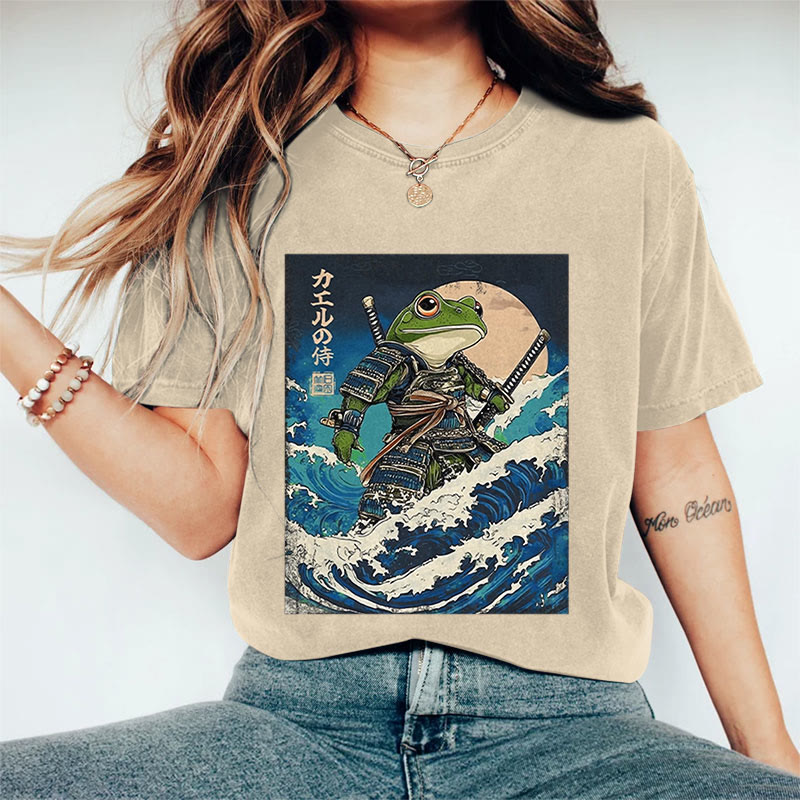 100% Cotton Women's Japanese Ocean Wave Samurai Frog Art Print Casual T-shirt - Khaki - 2XL - image 1