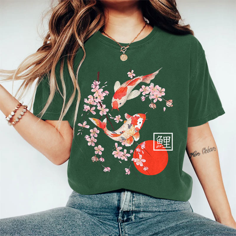 100% Cotton Women's Japanese Sakura Koi Carp Art Print Casual T-shirt - Dark Green - 2XL - image 1
