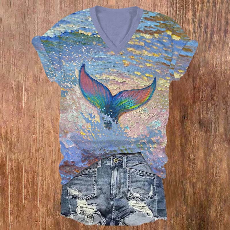 Oil Painting Ombre Rainbow Whale's Tail Print V-neck T-shirt - Purple - US32-34(5XL) - image 1