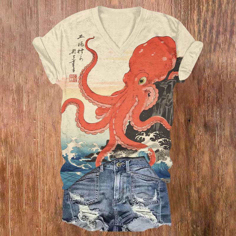 Japanese Creative Ocean Octopus Art Print V-neck T-shirt - Apricot - US32-34(5XL) - image 1