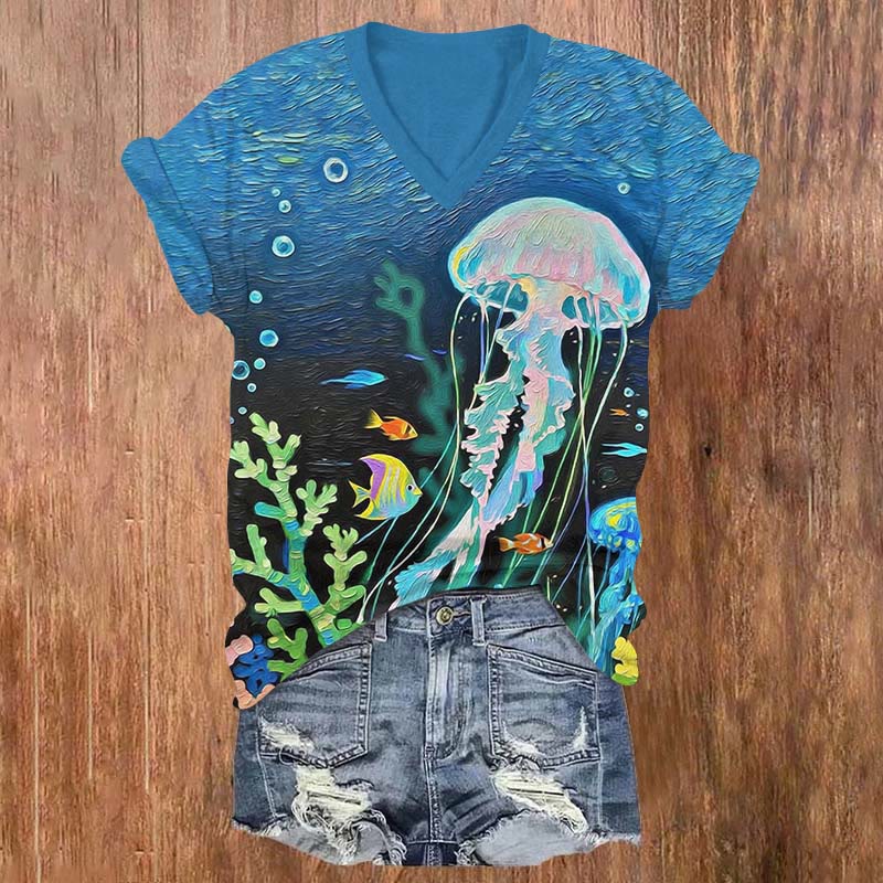 Oil Painting Fantasy Underwear Jellyfish Art Print V-neck T-shirt - Blue - US32-34(5XL) - image 1