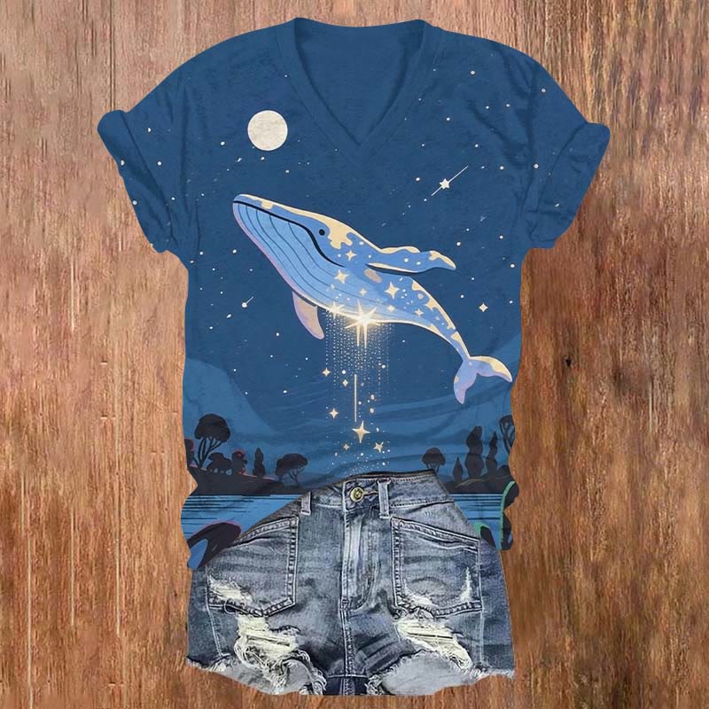 Japanese Vintage Starry Whale Art Print V-neck T-shirt - Blue - US32-34(5XL) - image 1