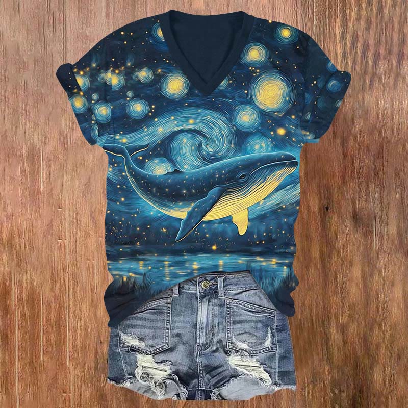 Oil Painting Fantasy Universe & Whale Print V-neck T-shirt - Blue - US32-34(5XL) - image 1