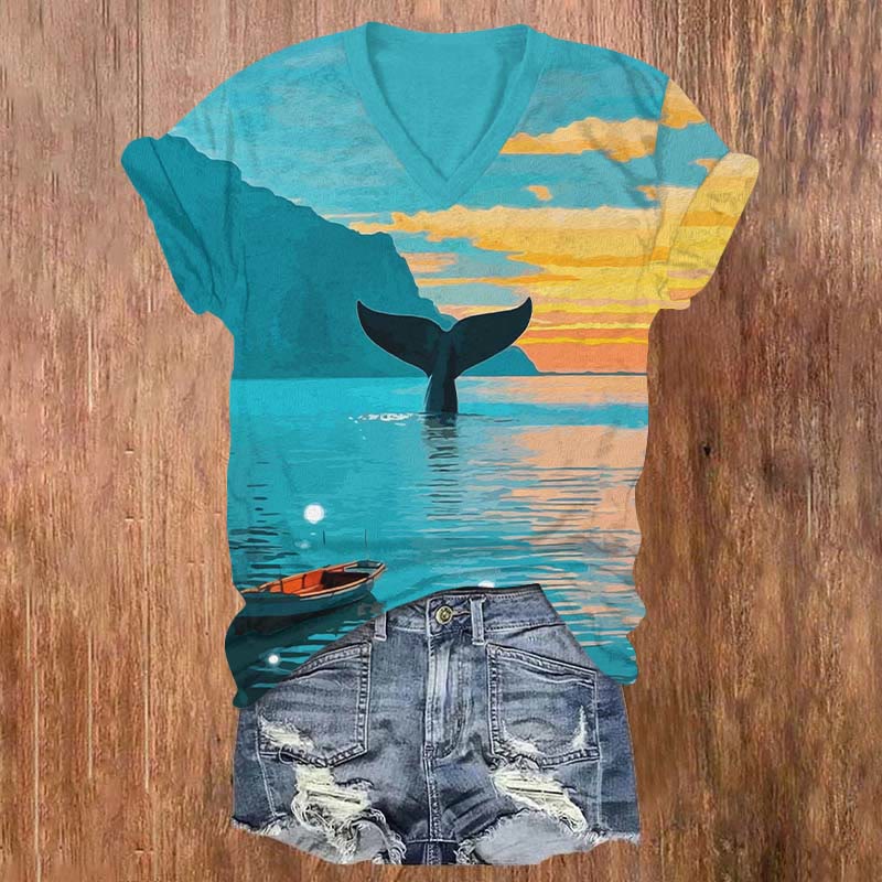 Contrast Sunset Whale's Tail Art Print V-neck T-shirt - Blue - US32-34(5XL) - image 1