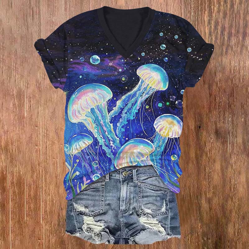 Oil Painting Luminous Jellyfish In Starry Sky Print V-neck T-shirt - Black - US32-34(5XL) - image 1
