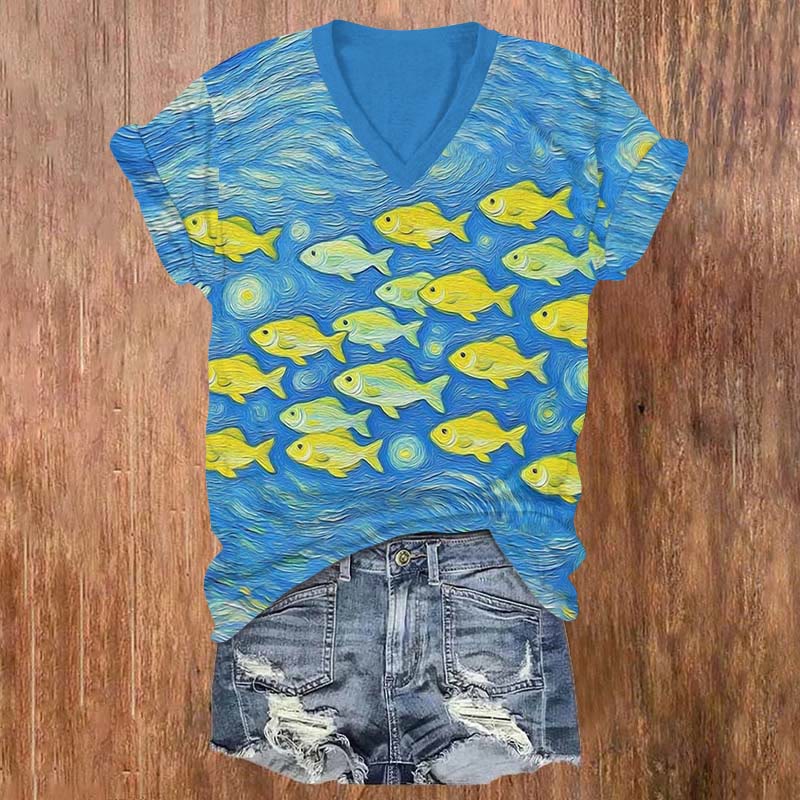Oil Painting Ocean Yellow Fish Art Print V-neck T-shirt - Blue - US32-34(5XL) - image 1