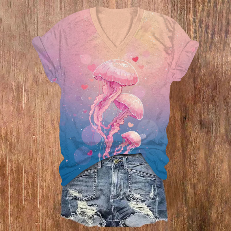 Lovely Pink Jellyfish Art Print V-neck T-shirt - Pink - US32-34(5XL) - image 1