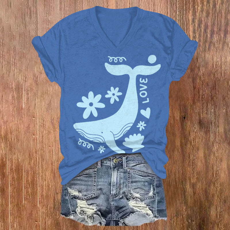 Love Cute Floral Whale Art Print V-neck T-shirt - Blue - US32-34(5XL) - image 1