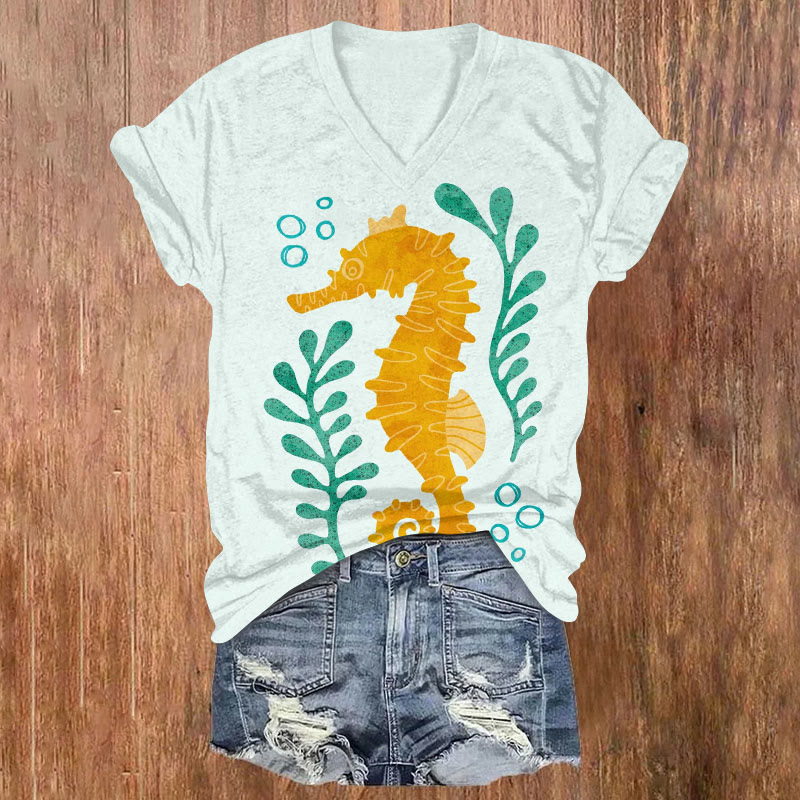 Lovely Cartoon Bubble Seahorse Print V-neck T-shirt - Mint - US32-34(5XL) - image 1