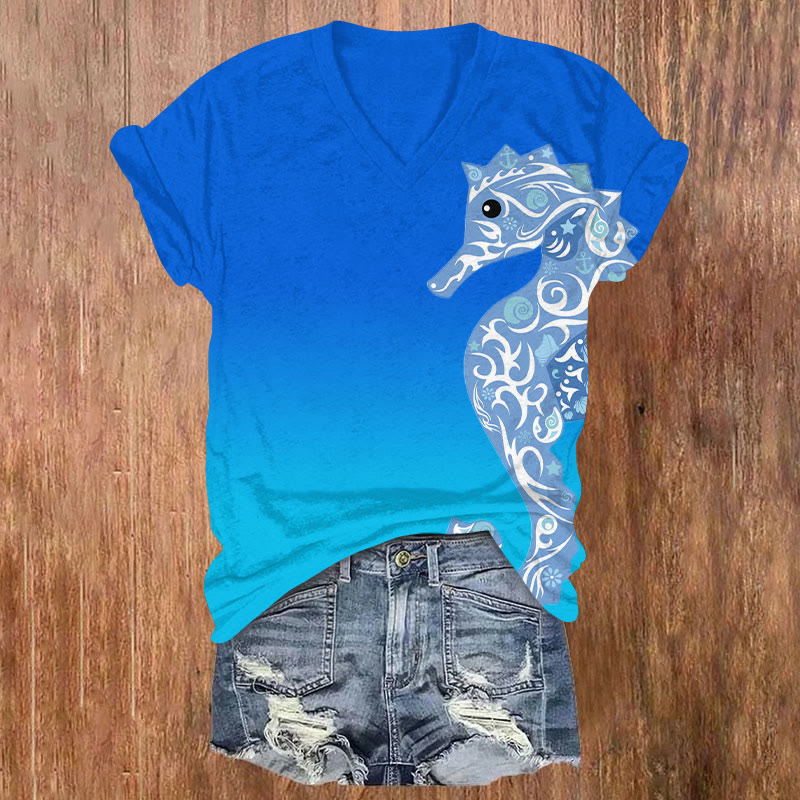Ombre Simple Color Ethnic Pattern Seahorse Print V-neck T-shirt - Blue - US32-34(5XL) - image 1