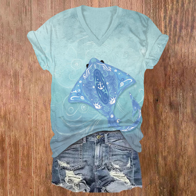 Vintage Mysterious Ray Art Print V-neck T-shirt - Blue - US32-34(5XL) - image 1