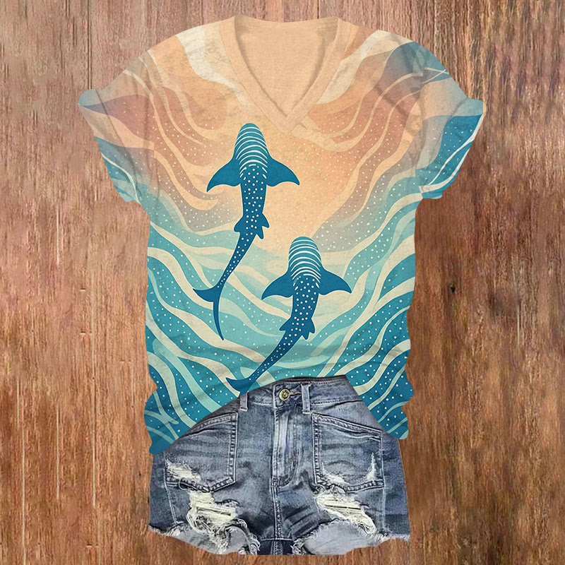 Contrast Wave Polka Dots Whale Print V-neck T-shirt - Blue - US32-34(5XL) - image 1