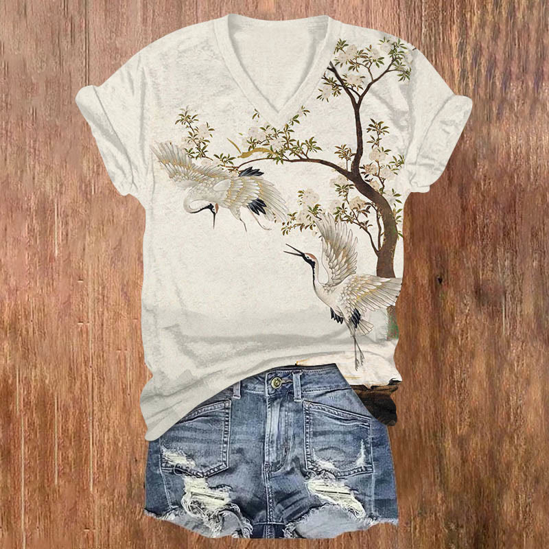 Japanese Vintage Crane Around Pear Tree Print V-neck T-shirt - Apricot - US32-34(5XL) - image 1