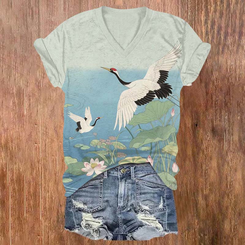 Japanese Crane Flying Over Lotus Pond Art Print V-neck T-shirt - Blue - US32-34(5XL) - image 1