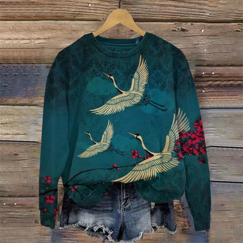 Women's Japanese Style Crane Art Print Sweatshirt - Dark Green - 5XL - image 1