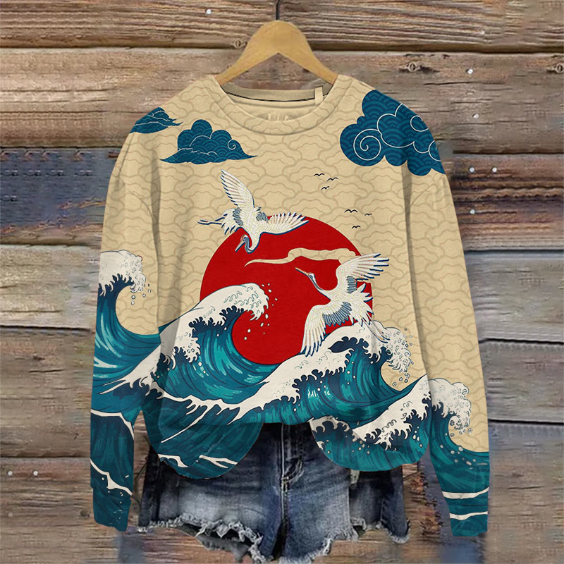 Japanese Sun & Ocean Wave Crane Print Sweatshirt - Khaki - 5XL - image 1