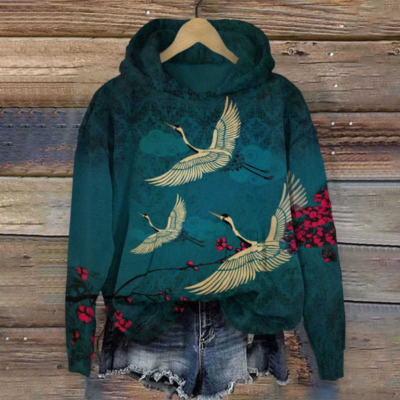 Women's Japanese Style Crane Art Print Long Sleeve Hoodie - Dark Green - US44-46(8XL) - image 1