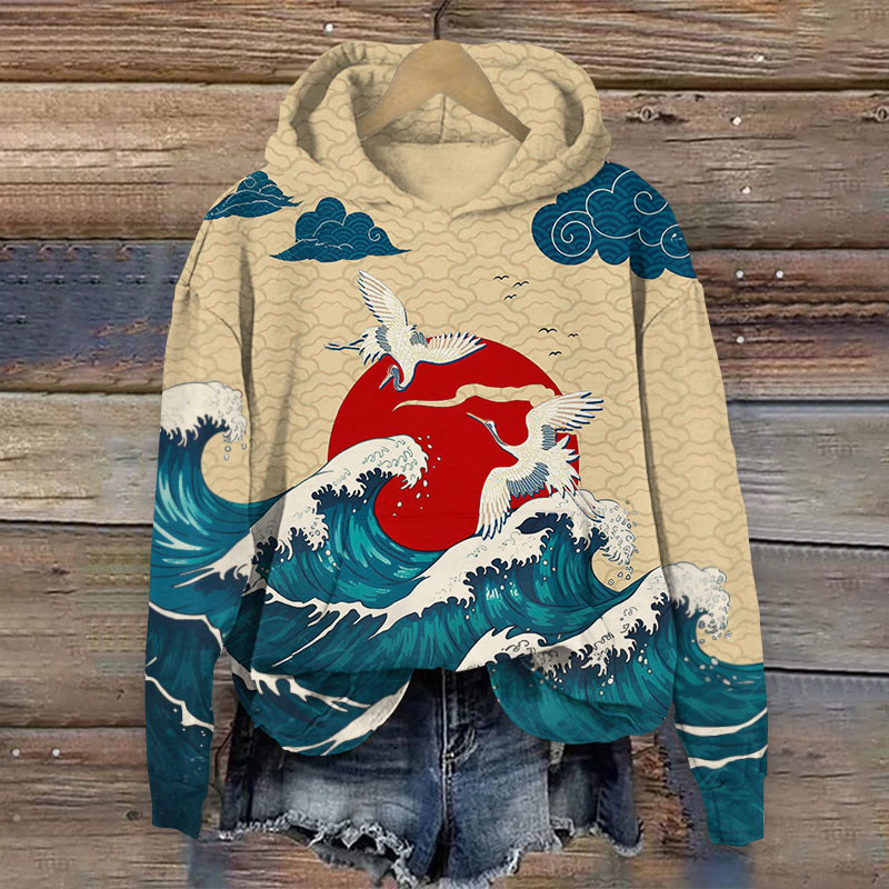 Japanese Sun & Ocean Wave Crane Print Long Sleeve Hoodie - Khaki - US44-46(8XL) - image 1