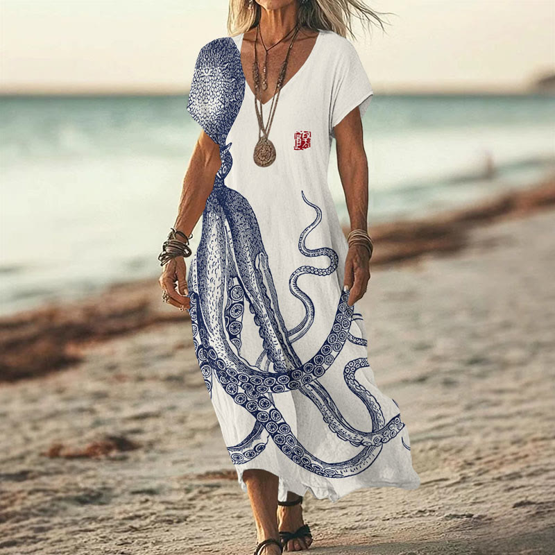 Japanese Art Octopus And Crab Print V-neck Dress - Beige - 6XL - image 1